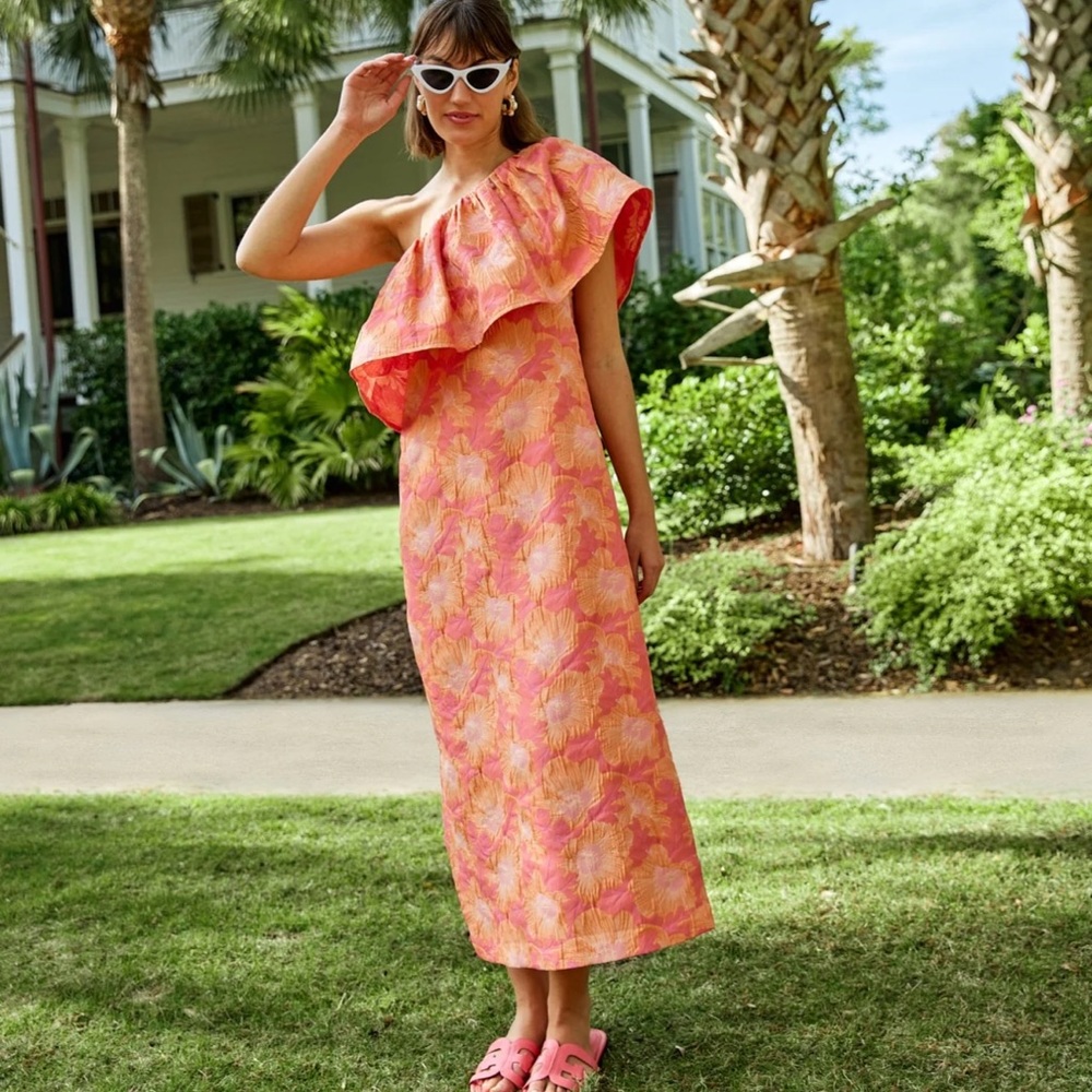 One-Shoulder Pink Floral Midi Dress